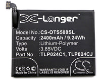 Battery for Alcatel 5046D 5046G 5046Y A3 A3 Dual Sim A3 LTE A3 LTE Dual Sim A30 One Touch A3 One Touch Shine Lite C2400007C2 CAC2400011C1 TLP024C1 TLP024C2 TLP024CC TLP024CJ